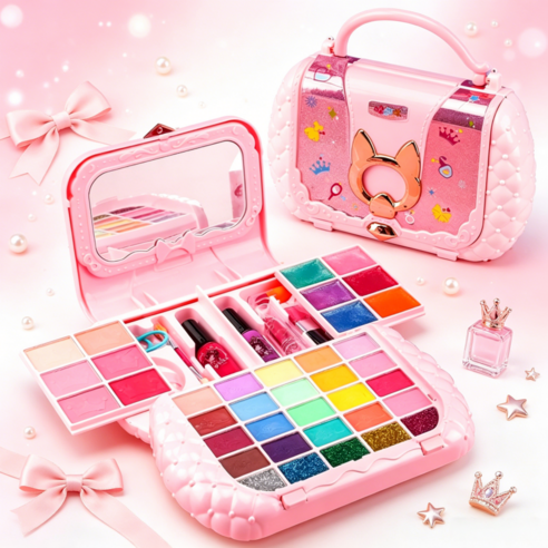 LuluToy 어린이 화장놀이 메이크업 다층 장난감 세안가능 여아 생일 선물, 1세트, 핑크