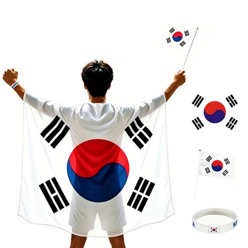 태극기 응원 3종세트 망토형 국기+손깃발+월드컵 팔찌 응원용품, 화이트, 3개