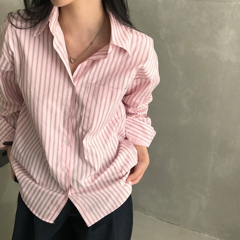 레티고 청순 단가라 스트라이프 오버핏 긴팔 카라 셔츠