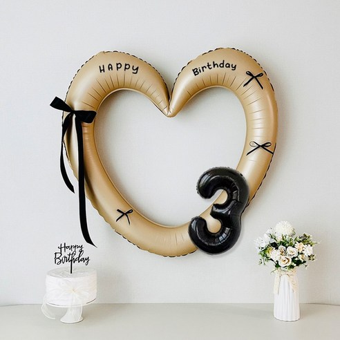 연지마켓 생일 하트프레임풍선 블랙 숫자 생일파티 용품 세트 (자유레터링), 1세트, 베이지하트 숫자 3