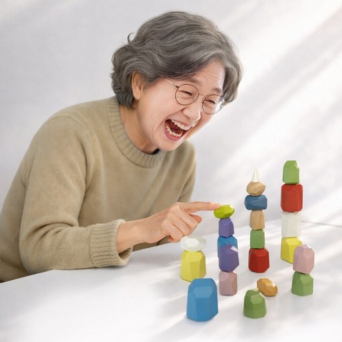 어르신 치매예방 두뇌자극.신체 활용 원목돌쌓기 (정리.보관용 원목케이스. 선물포장). 실버인지보드게임 1급지도사 추천, 혼합색상, 1세트