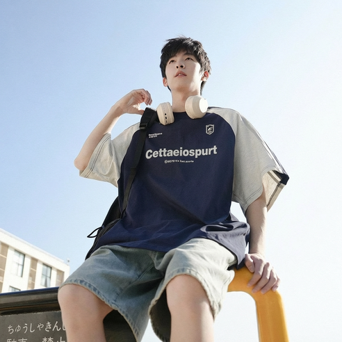 ANYOU 남성 데일리 여름 반팔 티셔츠 오버핏 컬러 블로킹 냉감 라운드넥 티셔츠