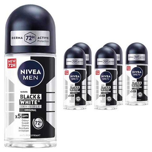 니베아 남성용 블랙 앤 화이트 인비저블 오리지날 롤-온 데오드란트, 6개, 50ml