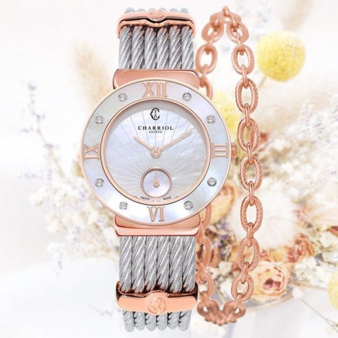 CHARRIOL 夏利豪】ST-TROPEZ 白珍珠母貝真鑽石英淑女錶-玫瑰金30mm