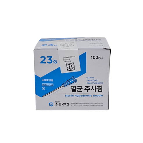 한국백신 일회용 멸균 주사침 23G 1인치 25mm 100개, 1개