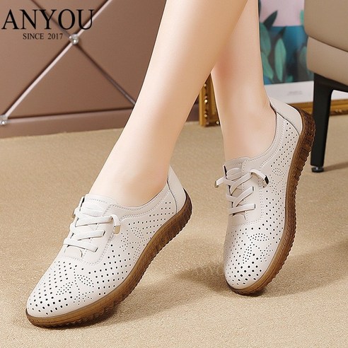 ANYOU 펀칭 단화 플랫 여자 신발 미끄럼 방지 통기 콩 신발 캐주얼 일상 패션 엄마 신발 오래 서 있어도 피곤하지 않다 작업화