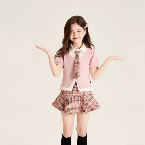 해피델리 재니 핑크 프레피 체크 투피스