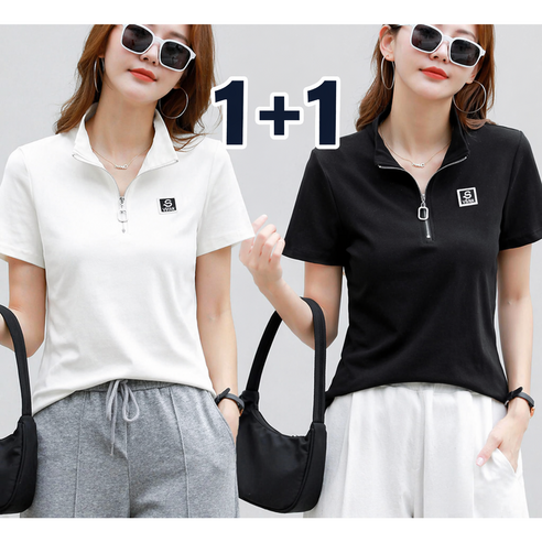오늘코디 여성 반팔 카라티 스트라이프 집업 티셔츠 슬림핏 데일리 골프티 1+1 S1048