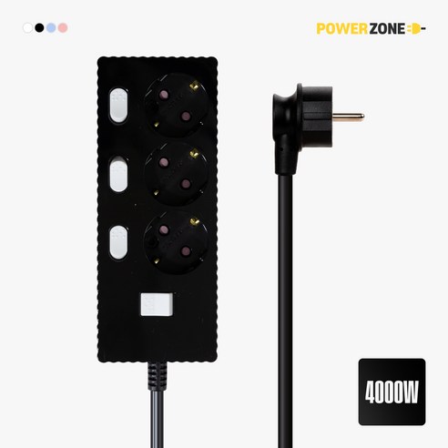 파워존 웨이브 고용량 개별스위치 멀티탭 과부하차단 3구 멀티콘센트 전기코드 50cm 1.5m 3m 5m 7m, 1개, 블랙