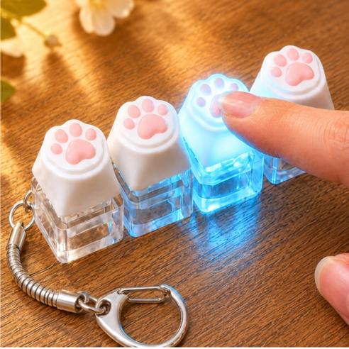 바른스몰상점 LED 귀여운 고양이 키캡키링 딸깍이 4구, 화이트, 1개
