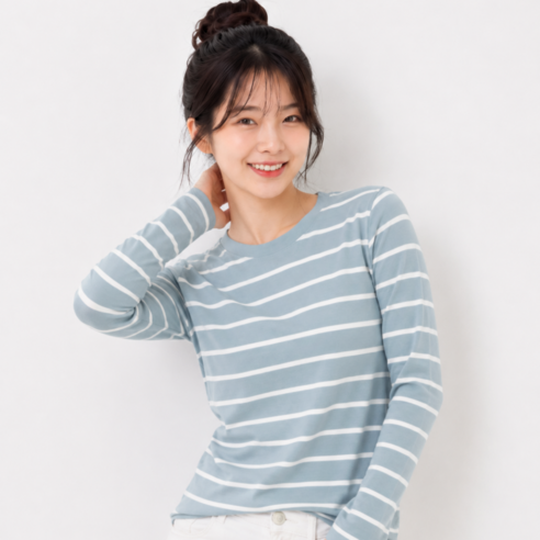 MS HOME 여성 라운드넥 면 티셔츠 스트라이프 긴팔