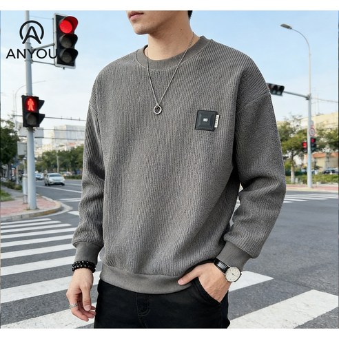 ANYOU 남성 봄 가을 라운드 긴팔 맨투맨 루즈핏 상의