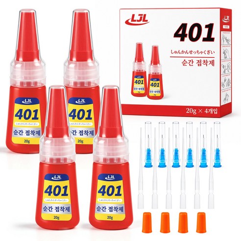 LJL 401 강력 순간 접착제 다용도 접착제 4개입 미세 노즐 6개 +드롭퍼 6개 + 카구치 니들캡 4개, 1세트