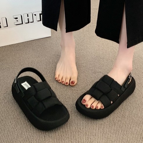 FIRSGIRL 여성 여름 샌들 키높이 스트랩 쿠션 통굽 슬리퍼형 5cm