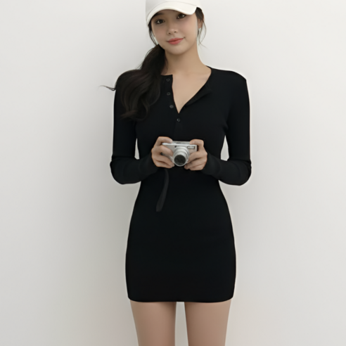 쁘띠엘라 도톰 골지 단추 미니원피스 글램 섹시