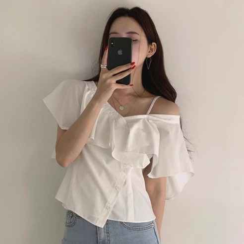 해피유통 여성 여름 면 오프숄더 러플 반팔 셔츠 사랑스러운 디자인 XG08