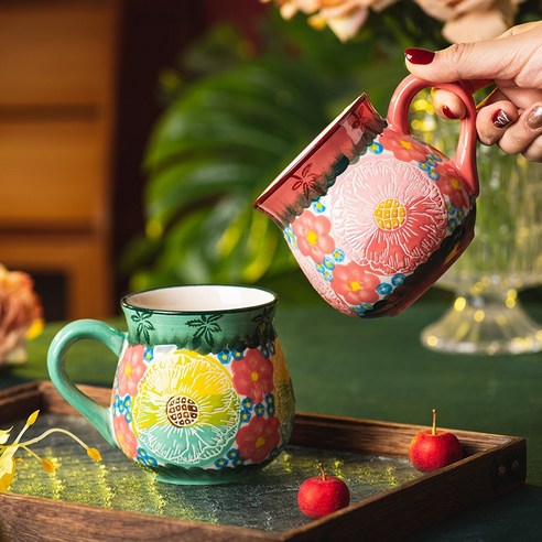 MorningSea 폴란드 항아리 머그컵 가정용 커플 커피잔 세트 선물용 450ml, 1세트, 레드+그린