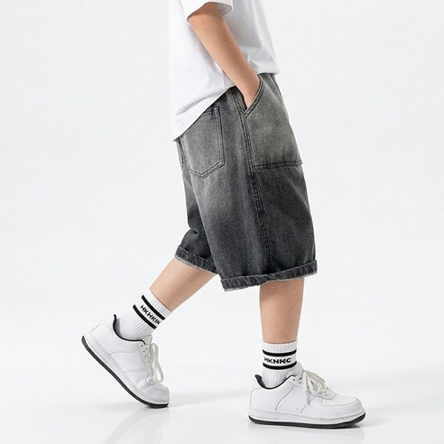 UPPERCUT 아동 와이드 청 반바지 데님 숏팬츠 초등학생 반바지 6부 데님팬츠 주니어 여름 청바지 남녀공용 흑청반바지