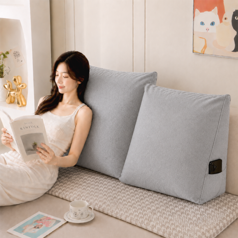 ODNUM 등받이 쿠션 넓고 두꺼운 삼각 허리 등 지지 쿠션 침대 소파 다용도 헤드쿠션 분리세탁 포켓 수납, 그레이