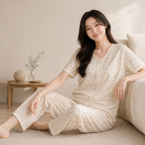 란시 여성 100% 순면 플라워 반팔 긴바지 잠옷 세트 홈웨어 파자마