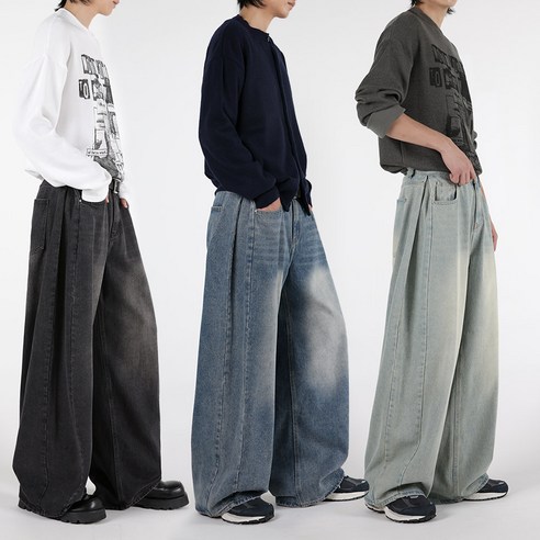 오버나인 남자 남성 사이드 핀턱 벌룬 와이드 데님 팬츠 바지