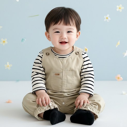 몽실이 베이지 포켓 오버롤즈 유아용 아동 봄가을 2PCS 스트라이프티 멜빵 외출복