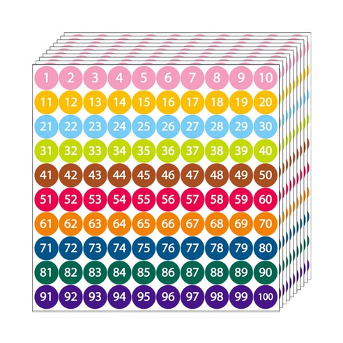 1-100숫자 넘버 원형 스티커 1.3cm, S14057 10컬러 숫자1000pcs, 1세트