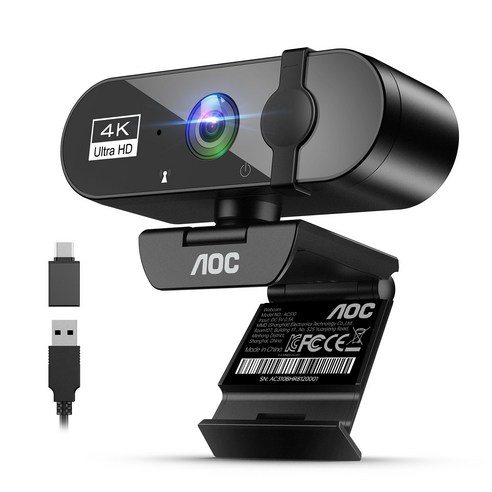 AOC 4K 웹캠 마이크 내장 노이즈캔슬링 화상회의 방송용 PC 컴퓨터 카메라, 블랙, AC310