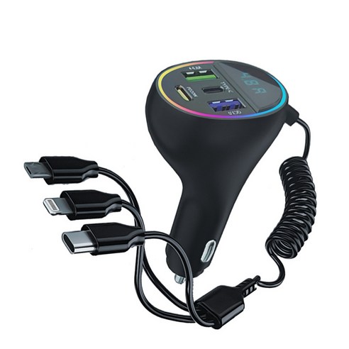 SASAKO 초고속 차량용 7포트 시거잭 충전기 C타입 70W PD3.0/QC3.0 iPhone 용 고속 충전 유형-C USBC 차량용 충전 어댑터 삼성전자 갤럭시 LG, 블랙, 1.6M 케이블