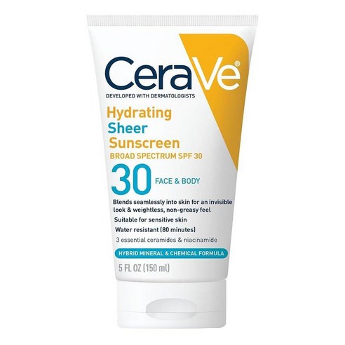 CeraVe 얼굴 및 바디용 SPF 30이 함유된 하이드레이팅 시어 선스크린 남성 여성용 미네랄 화학 자외선 차단제 산화아연 히알루론산 세라마이드 파라벤 프리 + 무향 이미지