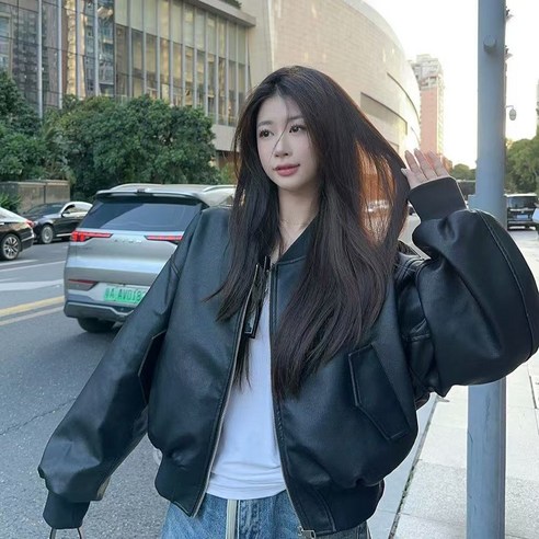 투니스 여성 단색 루즈핏 숏 긴소매 가죽 재킷