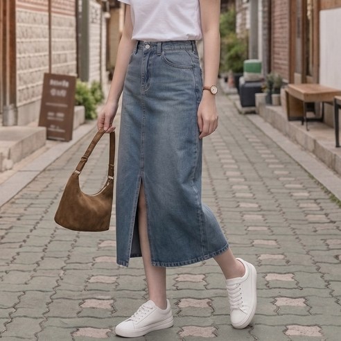 하늬바람 앞트임 데님 롱 스커트 H라인 청치마 슬릿 미디 롱치마 슬림핏 봄 가을 중청 흑청 데일리룩