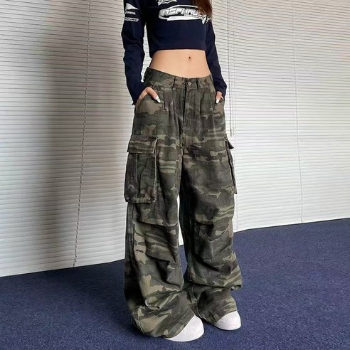 메이리앤 빈티지 카모 와이드 롱 카고팬츠 밀리터리 빅포켓 워크팬츠
