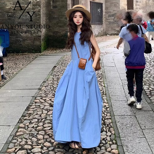 ANYOU 여름 원피스 패션 데일리룩 민소매 나시 스커트 루즈핏 롱원피스 캐주얼 여성원피스 하객룩 바캉스룩