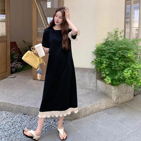 SELEAD 여름롱원피스 빅사이즈원피스 블랙원피스 반팔원피스 검정원피스 심플레트로 미디원피스 루즈핏원피스 L~3XL