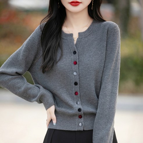 미스터먼쇼 여성 골지 알록단추 브이넥 가디건 스웨터 라운드 니트