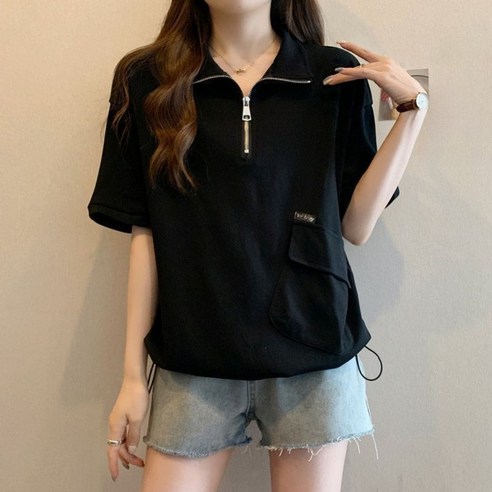 해피유통여성 여름 면 짧은팔 지퍼 티셔츠 프리 사이즈 포켓 디자인 XG13