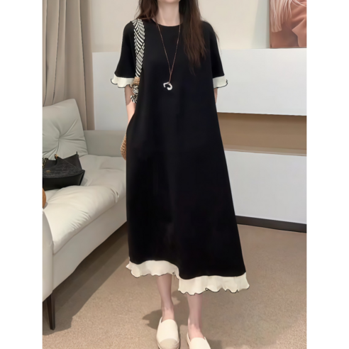 ZAJA 여성 반팔 라운드넥 원피스 프릴 빅사이즈 데일리룩