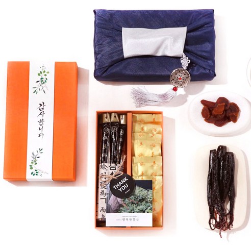 행복한 홍삼 국산 고려 홍삼 정과50g+홍삼 절편80g 답례품 선물 세트 보자기(네이비+노리개)+쇼핑백, 130g, 1개, 감사합니다