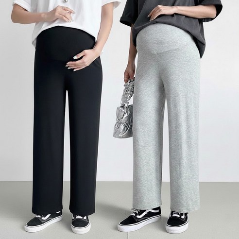 (1+1) 임산부 와이드 일자 팬츠 모달 레이온 통바지 복부조절 밴딩 찰랑 사방스판 데일리 출산 후까지 착용 가능 2장