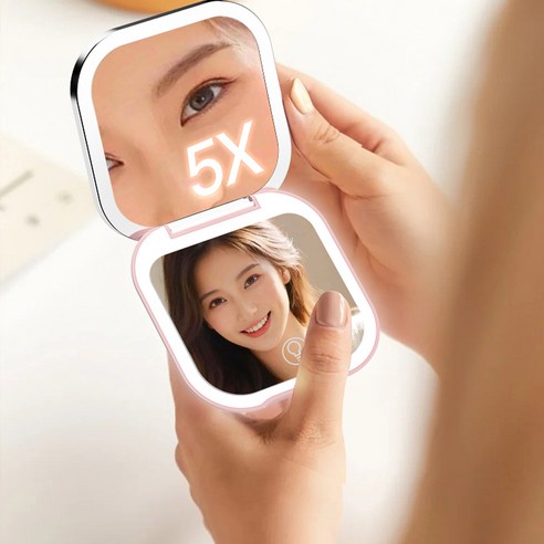 포켓 LED 휴대용 화장 손거울 확대경 뷰티 미러, 1개, 화이트