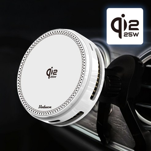 보듀엔 QI2.2 25W 초고속 냉각 맥세이프 차량용 핸드폰 무선충전 거치대 VC PRO 송풍구형 + 대시보드 + 자석링, 퓨어화이트