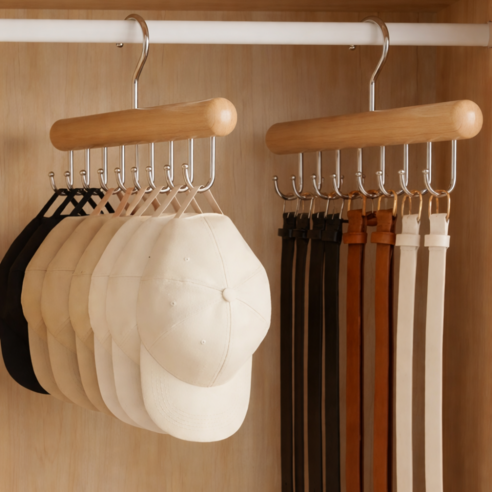 르붐 모자걸이 회전후크 걸이 벨트 넥타이 가방 옷걸이, 네추럴 우드 컬러, 2개