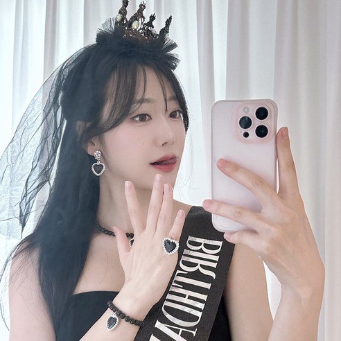 블랙 왕관 베일 파티머리띠+어깨띠+목걸이 3종 세트