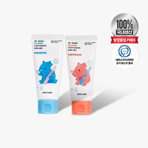 에이카랩스 어린이 유아 아기 코뿔소 치약 (청포도향1000ppm 1개+사과향1450ppm 1개 혼합), 1세트, 60ml
