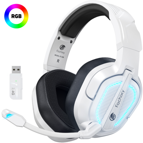 파치시 무선 게이밍 헤드셋 가상 7.1채널 2.4GHz 저지연 3D 사운드 RGB LED 노이즈 캔슬링 마이크, 화이트블랙, FC200