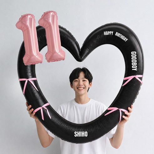 해피제이니 핑크 숫자 대형 하트풍선 생일파티용품세트(프리레터링 시트지 포함), 1세트, 11 블랙하트