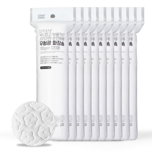 소낙소낙 부드럽고 보풀적은 프리미엄 순면원형 무형광 화장솜 180gsm, 10개, 120매입