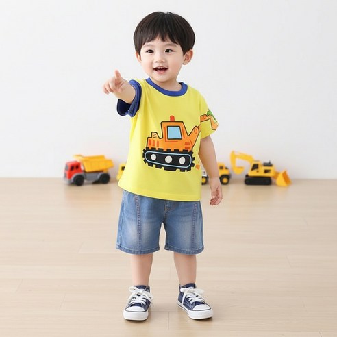 몽실이 컬러포크레인 반팔상하복 아동 반팔 상하세트 유아 여름 코디 키즈 캐릭터 상하복 여름 상하복 데님 반바지 세트 어린이 데일리룩 등원룩