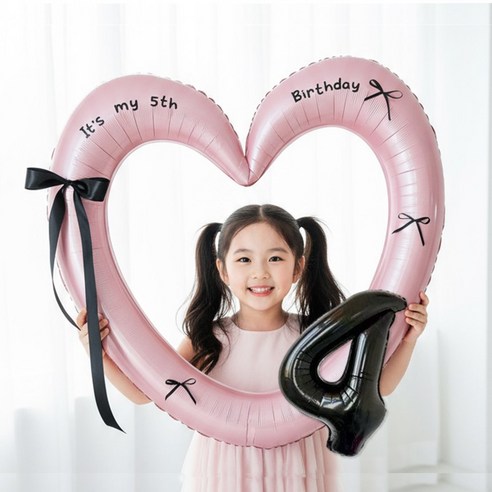 연지마켓 생일 하트프레임풍선 블랙 숫자 생일파티 용품 세트 (자유레터링), 1세트, 핑크하트 숫자 4
